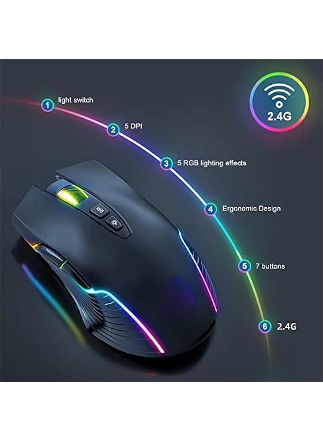 ماوس ألعاب، ماوس ميكانيكي للألعاب بمستشعر بصري احترافي 6400 نقطة في البوصة 2.4 جيجاهرتز مع 6 مستويات نقطة في البوصة، إضاءة خلفية ملونة RGB، بطارية مدمجة قابلة لإعادة الشحن، تصميم مريح، قابس و - Image 3