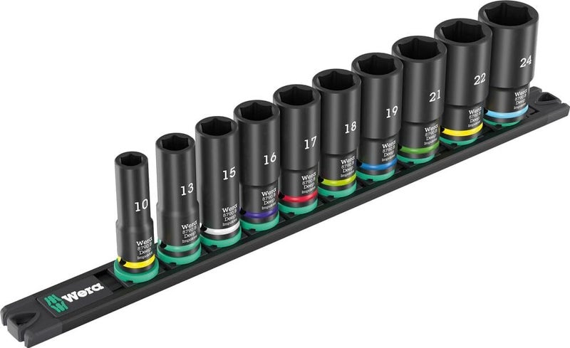 Wera 05005590001 9660 Nut Magnetic Strip B Impaktor Deep 1 Socket Set 3/8 Inch Drive 10 Pieces - Image 1