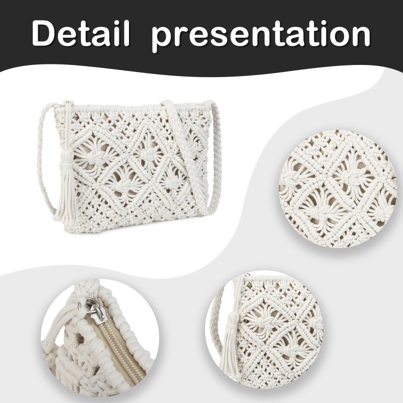 Gladdon Bohemian Small Crossbody Bag for Women Stylish Woven Shoulder Purses with Tassel White - Image 5