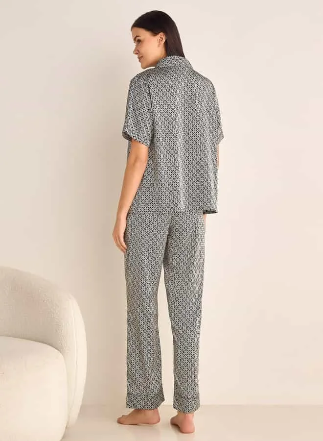 Splash FAV Floral Print Camp Collar Shirt and Elasticated Pyjama Set
