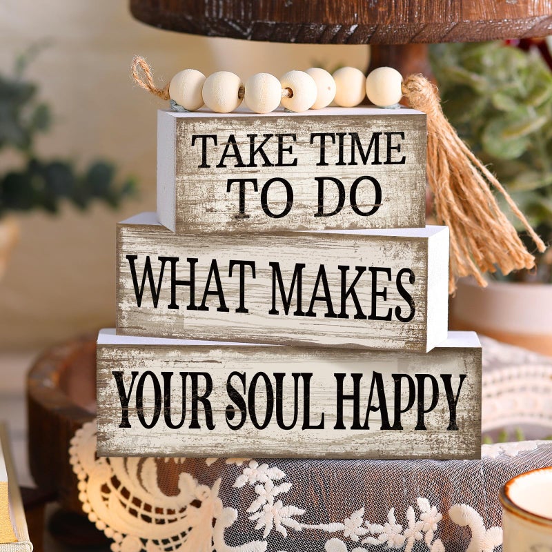 Yuntau 4 Pcs Farmhouse Tabletop Decoration Inspirational Farmhouse Tiered Tray Decor Rustic Retro Wood Bead Garland Take Time to Do What Makes Your Soul Happy Block Centerpiece Sign for Home Shelf - Image 3