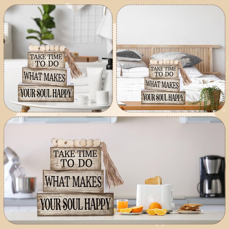Yuntau 4 Pcs Farmhouse Tabletop Decoration Inspirational Farmhouse Tiered Tray Decor Rustic Retro Wood Bead Garland Take Time to Do What Makes Your Soul Happy Block Centerpiece Sign for Home Shelf - Image 5