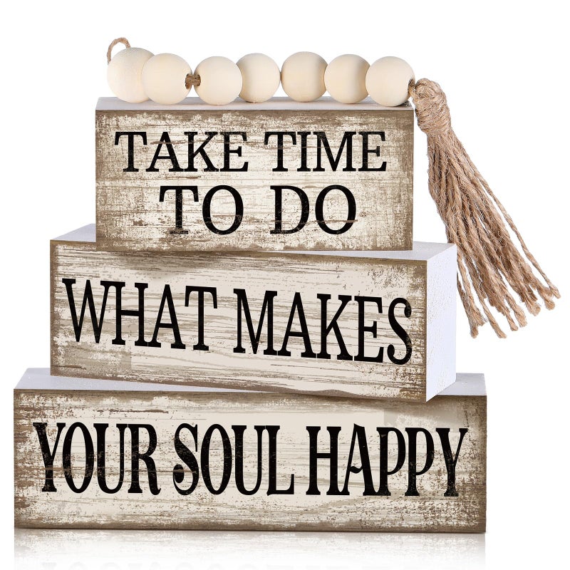 Yuntau 4 Pcs Farmhouse Tabletop Decoration Inspirational Farmhouse Tiered Tray Decor Rustic Retro Wood Bead Garland Take Time to Do What Makes Your Soul Happy Block Centerpiece Sign for Home Shelf - Image 1