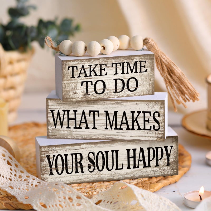 Yuntau 4 Pcs Farmhouse Tabletop Decoration Inspirational Farmhouse Tiered Tray Decor Rustic Retro Wood Bead Garland Take Time to Do What Makes Your Soul Happy Block Centerpiece Sign for Home Shelf - Image 2