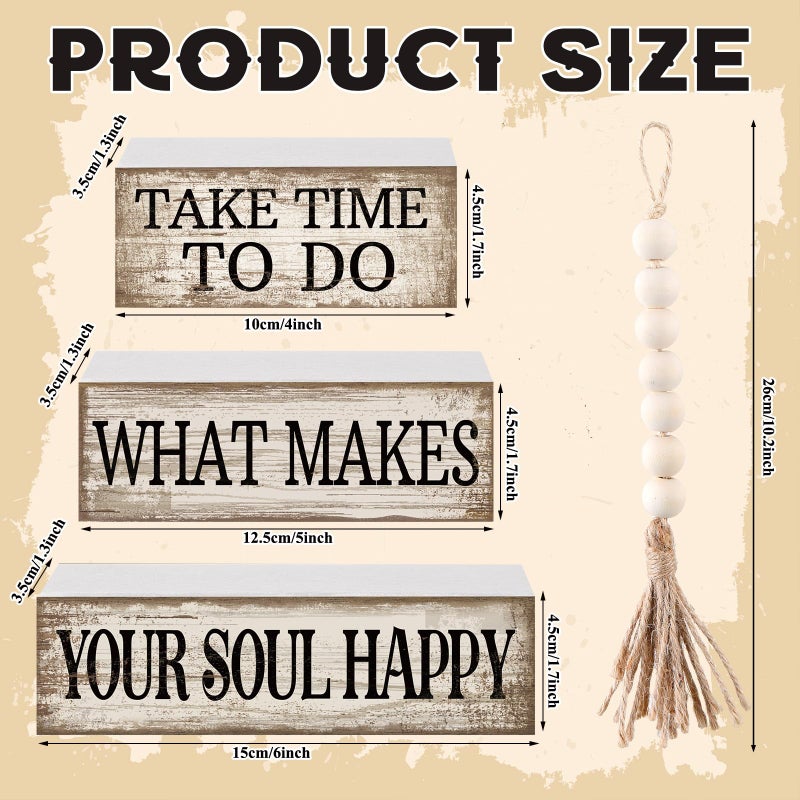 Yuntau 4 Pcs Farmhouse Tabletop Decoration Inspirational Farmhouse Tiered Tray Decor Rustic Retro Wood Bead Garland Take Time to Do What Makes Your Soul Happy Block Centerpiece Sign for Home Shelf - Image 4