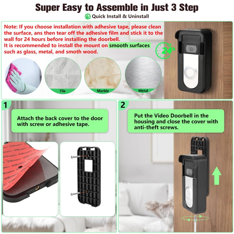 CaGuan Adhesive Doorbell Mount Compatible with Video Doorbell 1/2/3/3 Plus/4/(2020 Release)/(2023 Release), No-Drill Door Mount Cover Holder Accessories, Easy Installation, Not Block Doorbell Sensor - Image 4