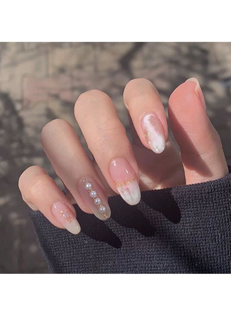 أظافر مرصعة باللؤلؤ متوسطة الطول 24 قطعة - Image 1