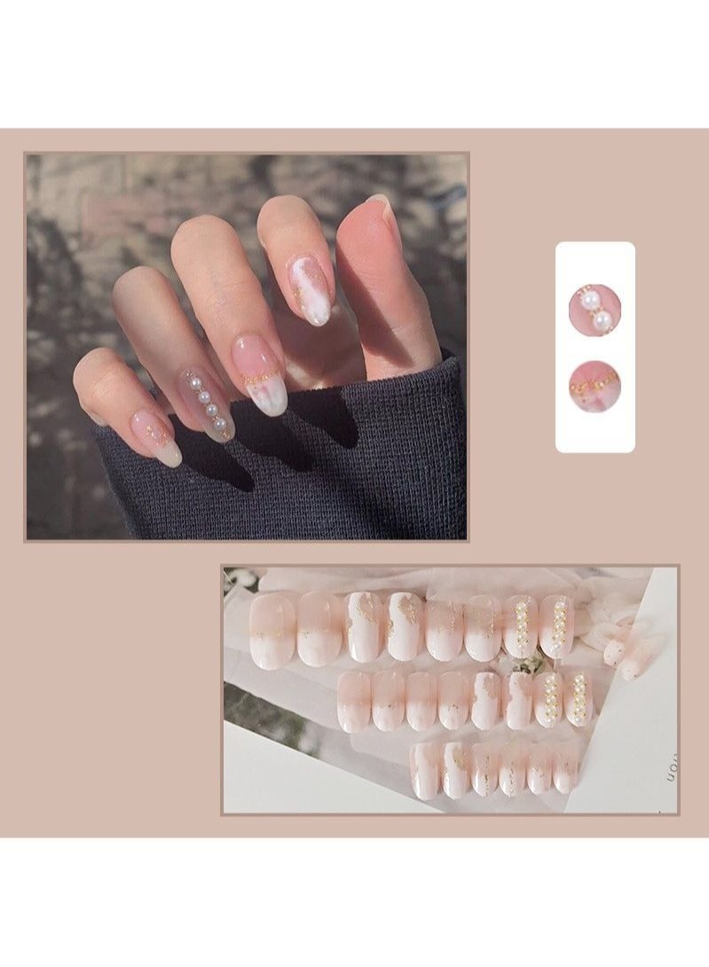 أظافر مرصعة باللؤلؤ متوسطة الطول 24 قطعة - Image 2