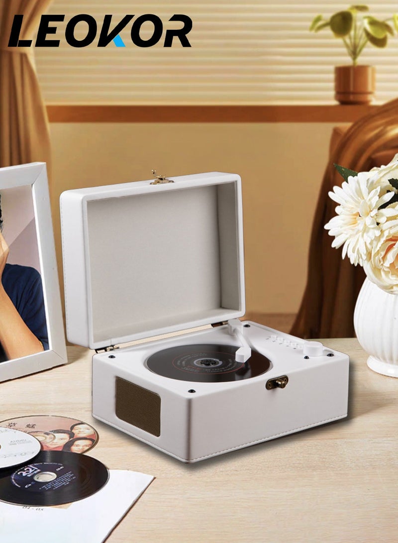 LEOKOR Vinyl Record Retro CD Player,Bluetooth 5.0 Portable Desktop CD Player Speaker,Vintage Leather Case Stylish and Functional Music Player for Entertainment and Home Decoration（White） - Image 1