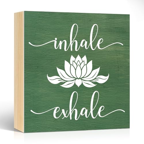 Pishovi Inhale Exhale Wooden Box Sign, Inspirational Gifts for Women Friend Coworker, Funny Lotus Wood Box Sign Decor for Home Office Farmhouse Bedroom Yoga Spa Room, Meditation Gifts for Yoga Lover - Image 1