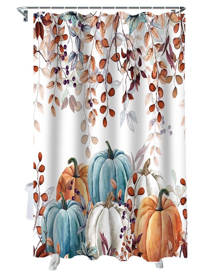 Vandarllin Fall Thanksgiving Shower Curtain, Watercolor Autumn Pumpkins Eucalyptus Leaves Shower Curtains Set with Hooks, Blue Orange Waterproof FabricBathroom Decor Home Accessories,72 X 72 Inch Long - Image 1