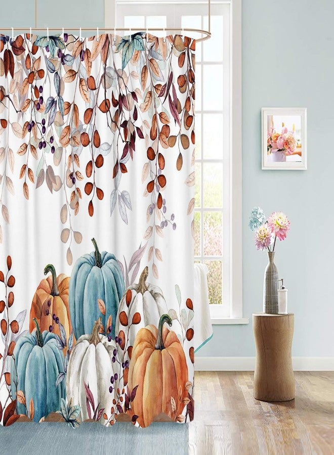 Vandarllin Fall Thanksgiving Shower Curtain, Watercolor Autumn Pumpkins Eucalyptus Leaves Shower Curtains Set with Hooks, Blue Orange Waterproof FabricBathroom Decor Home Accessories,72 X 72 Inch Long - Image 2