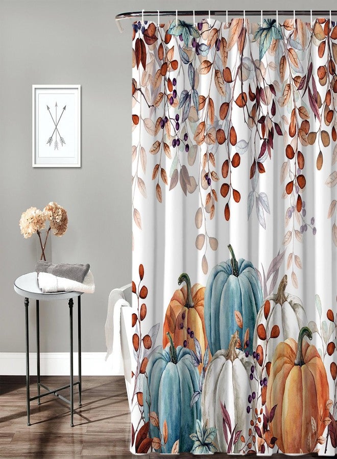 Vandarllin Fall Thanksgiving Shower Curtain, Watercolor Autumn Pumpkins Eucalyptus Leaves Shower Curtains Set with Hooks, Blue Orange Waterproof FabricBathroom Decor Home Accessories,72 X 72 Inch Long - Image 3