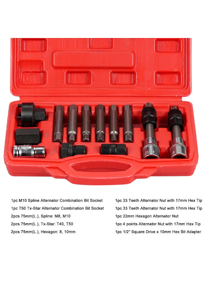 Generic - 13 Pcs Alternator Pulley Tool Kit, Alternator Freewheel Pulley Puller Removal Engine Auto Tool Set Insert Bit Socket Set Tool Kit with Storage Case - Image 1