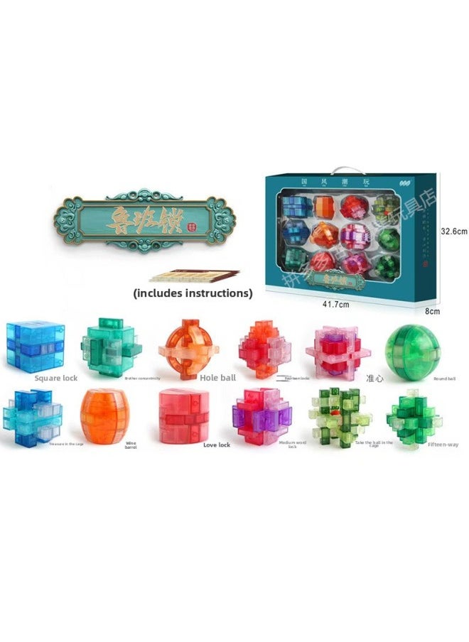 Generic - Lu Ban Lock Kong Ming Lock Full Set Of Children's Power Toys Primary School Students Unlock Ring Button Birthday 6-12 Years Old-Color:Twelve-piece Set B Version [guochao Gift Box] Comes With Video + Illustrations - Image 1