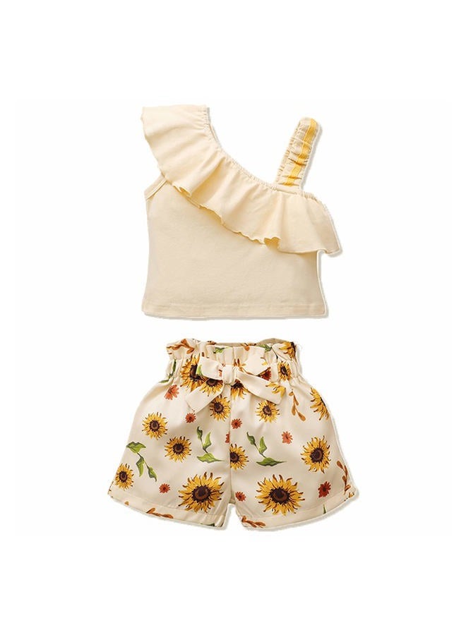DISAUR Toddler Girls Clothes (12M-5T) Baby Girl Summer Outfits Ruffle Off Shoulder Sleeveless Tops Floral Shorts Set Apricot - Image 1