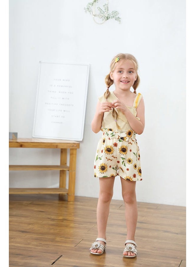 DISAUR Toddler Girls Clothes (12M-5T) Baby Girl Summer Outfits Ruffle Off Shoulder Sleeveless Tops Floral Shorts Set Apricot - Image 2