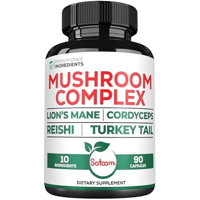 Satoomi 10in1 Lions Mane Supplement Complex - Blended with Cordyceps Sinensis, Reishi Mushroom, Turkey Tail Mushroom & Others - 90 Count for 3 Months - Image 1