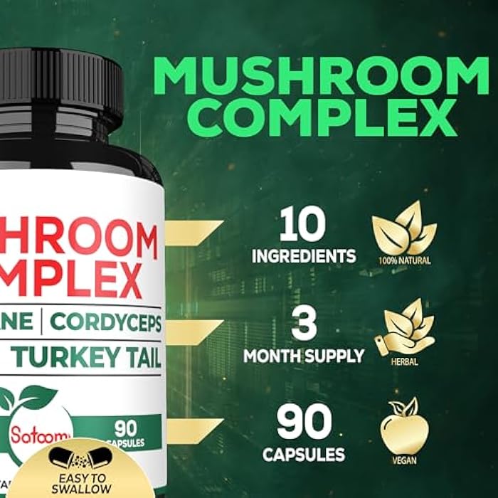 Satoomi 10in1 Lions Mane Supplement Complex - Blended with Cordyceps Sinensis, Reishi Mushroom, Turkey Tail Mushroom & Others - 90 Count for 3 Months - Image 3