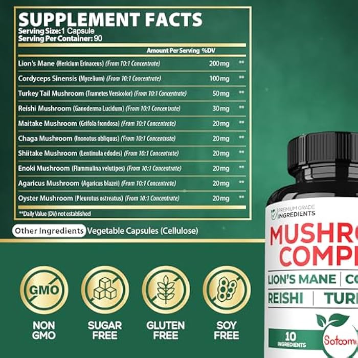Satoomi 10in1 Lions Mane Supplement Complex - Blended with Cordyceps Sinensis, Reishi Mushroom, Turkey Tail Mushroom & Others - 90 Count for 3 Months - Image 2