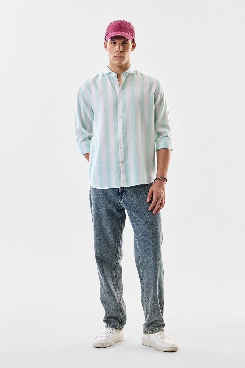 سنيتش Mint Green Striped Long Sleeve Regular Fit Shirt
