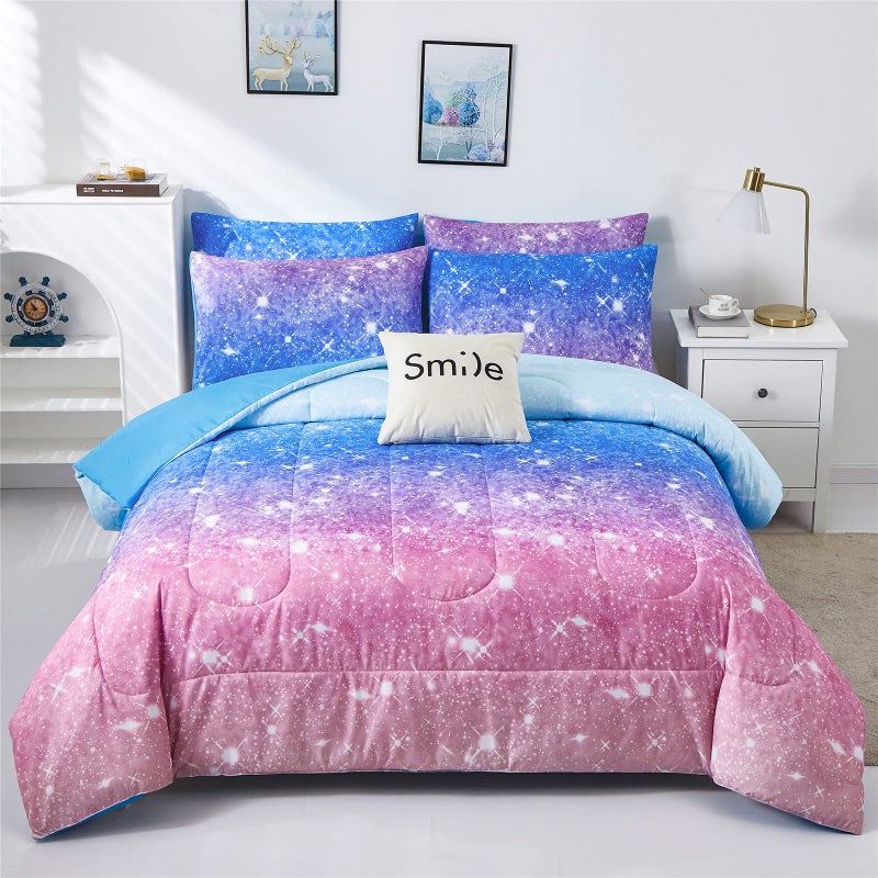 kiddiku Rainbow Glitter Comforter Set FullQueen Size for Girls Sparkle Galaxy Twinkle Starlight Comforter for Kids Teen3pc Aqua Blue Purple Pink Ombre Pastel Bedding Set with 2 Pillow CasesRainbowQueen