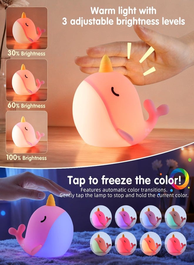 Fuloon Narwhal Night Light with Whale Shape, Squishy Silicone Kids Lamp, Safe & Soothing Touch Control for Kids and Babies, USB-C Rechargeable, 30-Min Auto Timer, Gift Idea (Pink) - Image 2