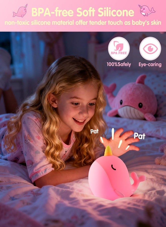 Fuloon Narwhal Night Light with Whale Shape, Squishy Silicone Kids Lamp, Safe & Soothing Touch Control for Kids and Babies, USB-C Rechargeable, 30-Min Auto Timer, Gift Idea (Pink) - Image 4
