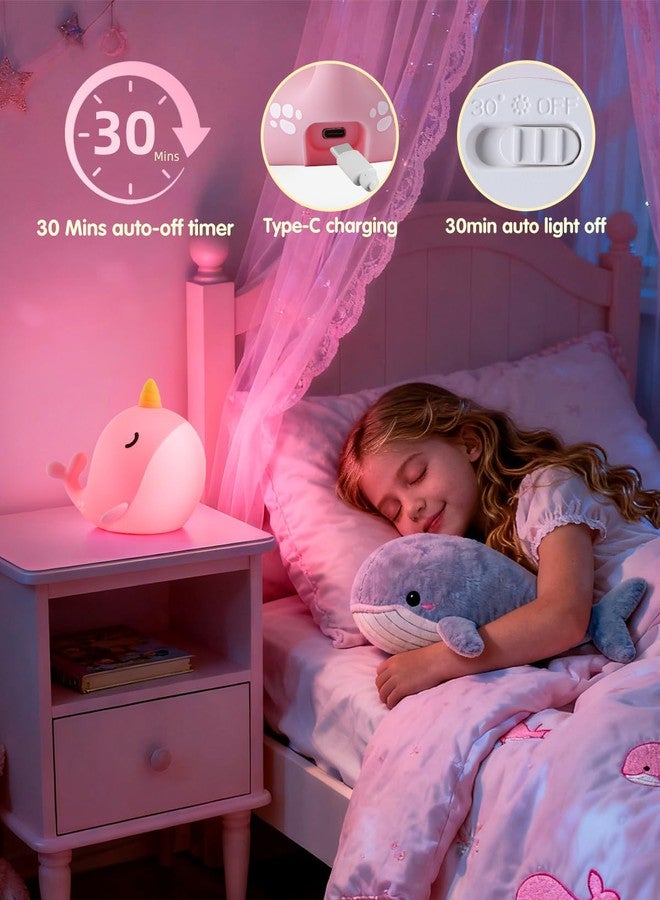Fuloon Narwhal Night Light with Whale Shape, Squishy Silicone Kids Lamp, Safe & Soothing Touch Control for Kids and Babies, USB-C Rechargeable, 30-Min Auto Timer, Gift Idea (Pink) - Image 3