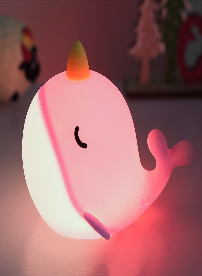 Fuloon Narwhal Night Light with Whale Shape, Squishy Silicone Kids Lamp, Safe & Soothing Touch Control for Kids and Babies, USB-C Rechargeable, 30-Min Auto Timer, Gift Idea (Pink) - Image 1