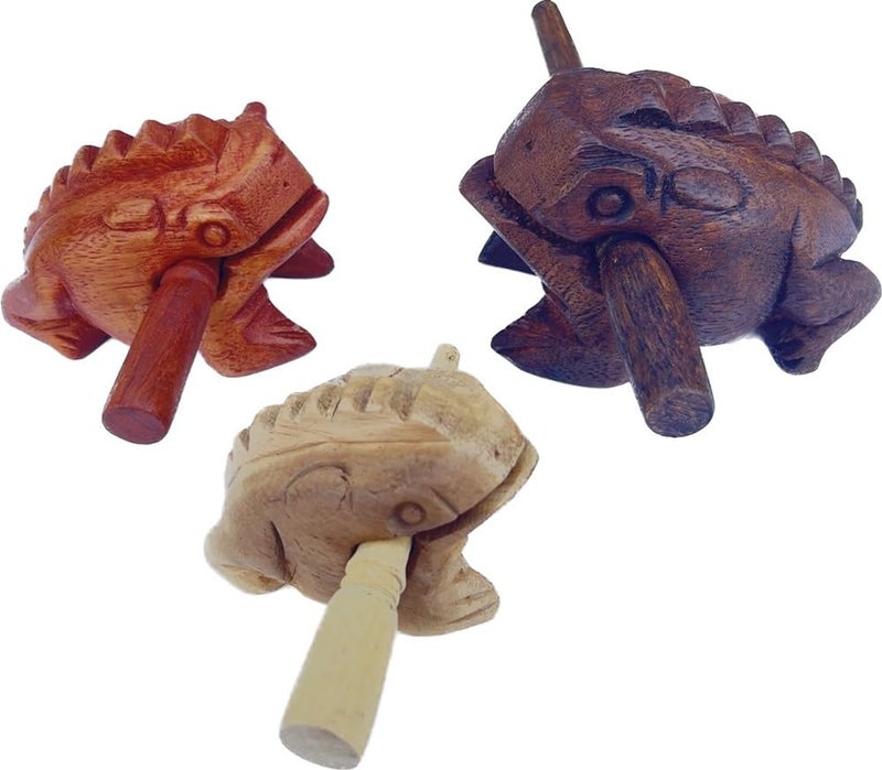 RATREE 888 Guiros Percussion Instruments Wooden Frog wooden frog musical instrument 3 Pieces Set of 4 Inch Frog, 3 Inch Frog, and 2.25-2.75 Inch Frog Home Decor (Dark Brown/Brown/Natural Colors) - Image 1