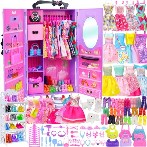 Ecore Fun 86 Pcs Doll Accessories with Closet Wardrobe for 115 Inch Dolls Dress Up Set Including Wardrobe Handbags Dress Shoes Hangers Necklace Pet and Other Accessories No Doll - Image 1