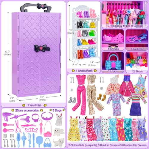 Ecore Fun 86 Pcs Doll Accessories with Closet Wardrobe for 115 Inch Dolls Dress Up Set Including Wardrobe Handbags Dress Shoes Hangers Necklace Pet and Other Accessories No Doll - Image 5