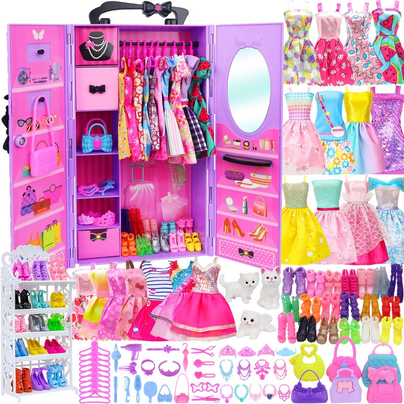 Ecore Fun 86 Pcs Doll Accessories with Closet Wardrobe for 115 Inch Dolls Dress Up Set Including Wardrobe Handbags Dress Shoes Hangers Necklace Pet and Other Accessories No Doll - Image 3