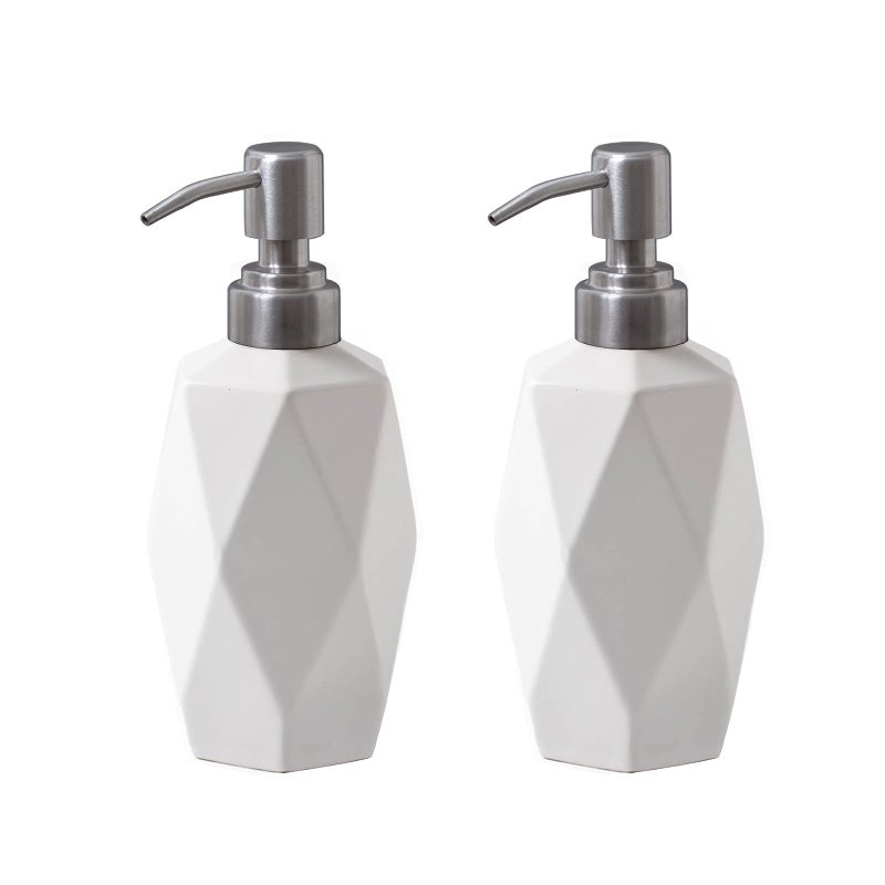 FE Soap Dispenser 135oz Ceramic Soap Dispenser Bathroom with 304 Rust Proof Stainless Steel Pump Decorative Rhombus Design Liquid Hand Soap Dispenser for Kitchen  Bathroom White 2 Pack