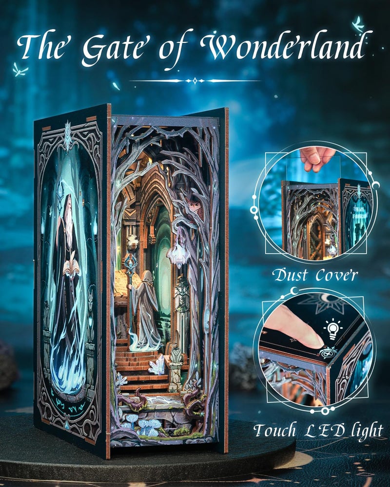 CUTEBEE Book Nook Kit - DIY Miniature House Dollhouse Kit for Adult and Teens, Booknook Bookshelf Decor Alley Model Build with LED Light, Gifts for Family and Friends (The Gate of Wonderland) - Image 4