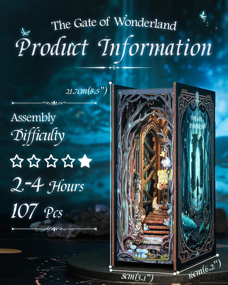 CUTEBEE Book Nook Kit - DIY Miniature House Dollhouse Kit for Adult and Teens, Booknook Bookshelf Decor Alley Model Build with LED Light, Gifts for Family and Friends (The Gate of Wonderland) - Image 3