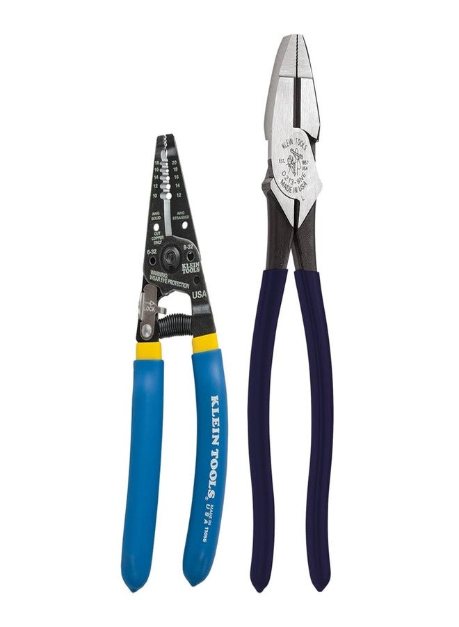 Klein Tools D2139NE11055 Pliers Set, Made in USA, with Lineman's Side Cutting Pliers and Copper Wire Stripper / Cutter, High-Leverage, 2-Piece - Image 1