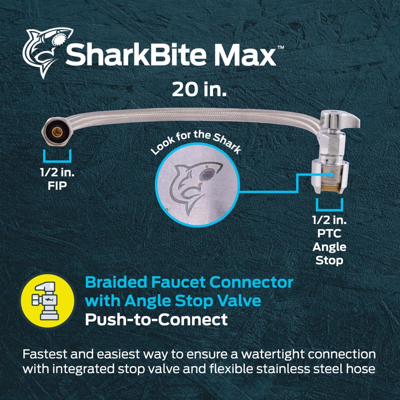 SharkBite Max 20 In. Stainless Steel Braided Faucet Connector with Angle Stop Valve, 1/2 Inch PTC x 1/2 Inch FIP, PEX Pipe, Copper, CPVC, PE-RT, HDPE, UR24657 - Image 2