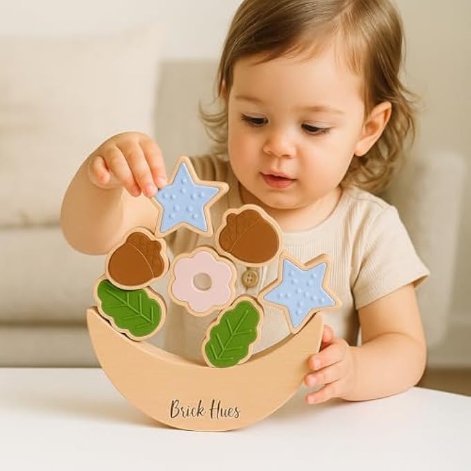 MONTESSORI STACKING & BALANCING SET – NATURE INSPIRED WOODEN ACORN, FLOWER & LEAF BLOCKS | BPA-FREE SILICONE | EDUCATIONAL GIFT FOR TODDLERS 18+ MONTHS | ECO-FRIENDLY MONTESSORI PLAY - Image 1