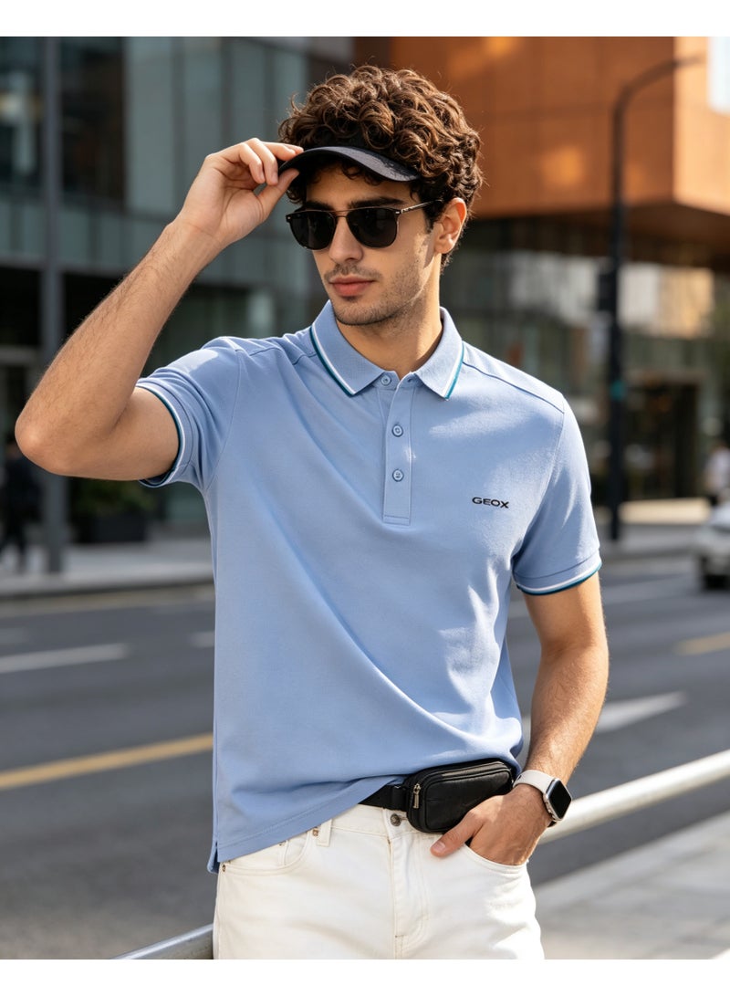 Geox Men Short Sleeve Polo Shirt, Casual Daily Wear, Smart Formal Top For Men Women, Light Blue - Image 1