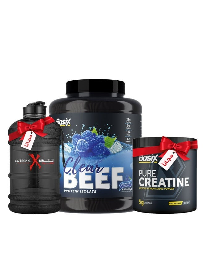 Basix Beef Protein Isolate Blue Razz Rush 4.4 LB + Free Basix Pure Creatine 300 Grams + Free Water Bottle - Image 1