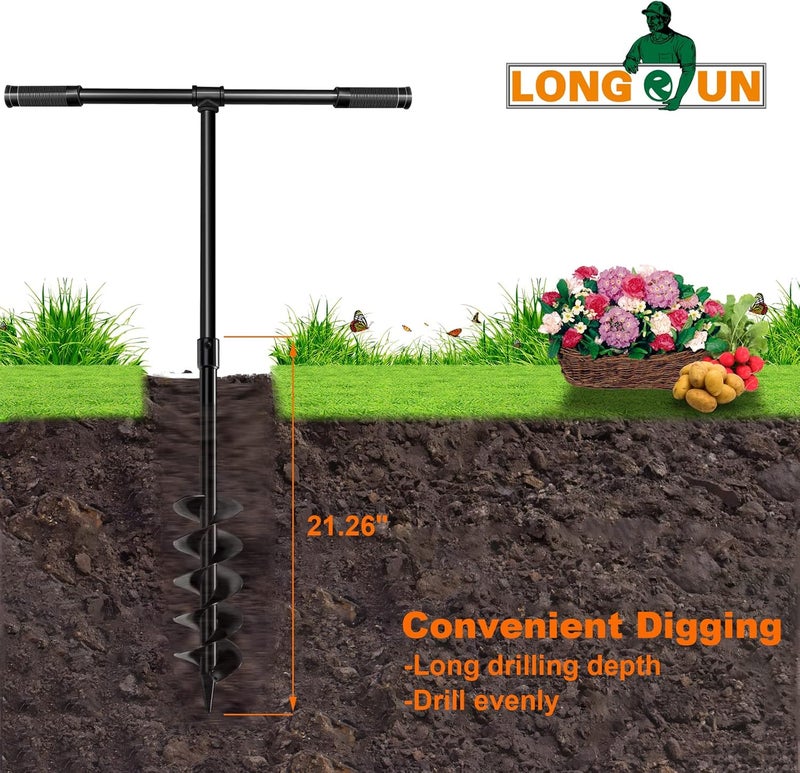 Longrun Hand Drill Auger Post Hole Digger, Manual Garden Hole Digging Drill Bit for Planting, Spiral Drill Planter for Bulb, Flower, Tree, Seedlings, Bedding Plants, Umbrella, Fence Holes-4"x 38" - Image 2