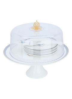 Alsaif Gallery White porcelain blue eye cake serving set with spoon and plates, 6 pieces  - Image 1