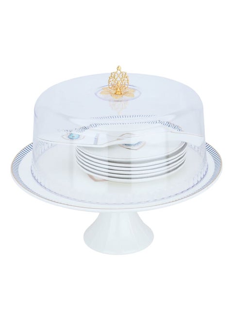White porcelain blue eye cake serving set with spoon and plates, 6 pieces