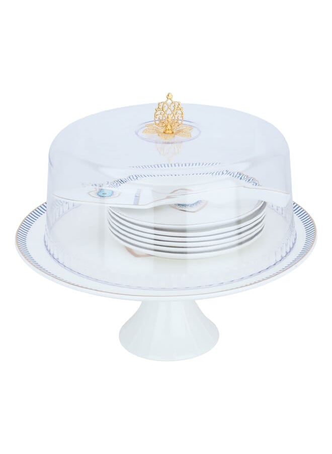 Alsaif Gallery White porcelain blue eye cake serving set with spoon and plates, 6 pieces  - Image 1
