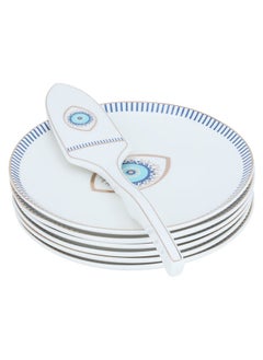 Alsaif Gallery White porcelain blue eye cake serving set with spoon and plates, 6 pieces  - Image 4