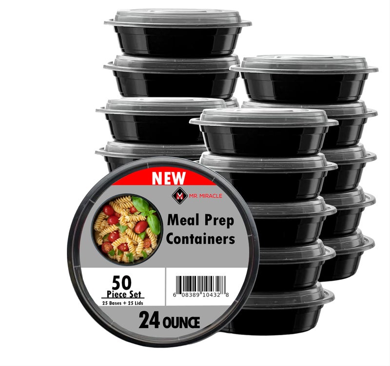 Mr. Miracle Clear Plastic Takeout Containers - Durable and Sturdy Clamshell Food Boxes for To-Go and Storage Disposable Clam Shell Containers, Bulk Pack - Easy Open Hinge Design (Round - 25 Pack, 24 Ounce) - Image 1