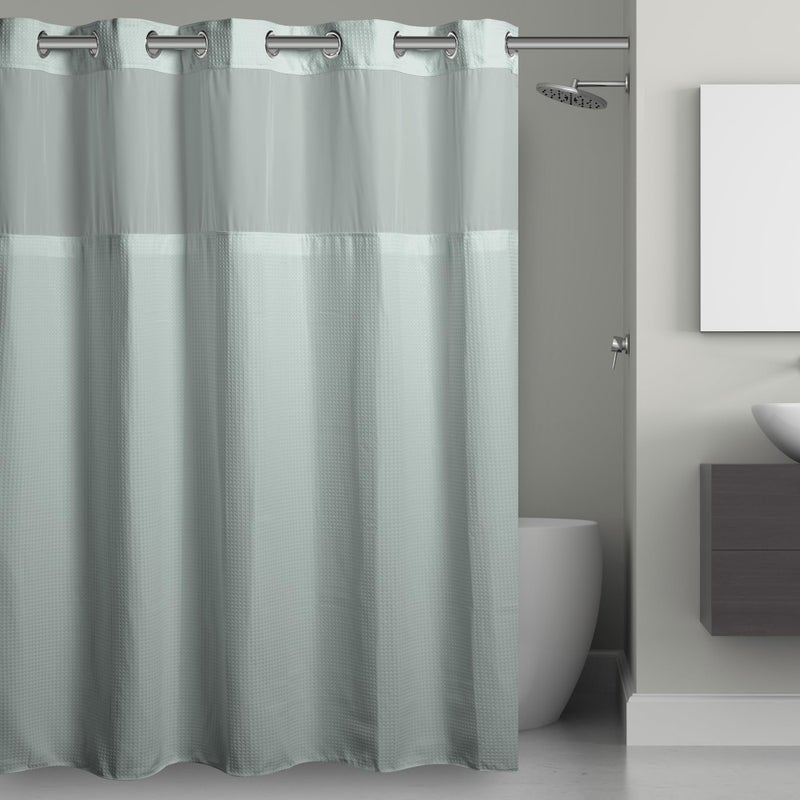 Hookless It's A Snap! Waffle Shower Curtain, 3-in-1 with Fabric Shower Curtain, Sheer Top Window, Flex-On Rings & Liner, 71' x 74', Misty Blue - Image 1