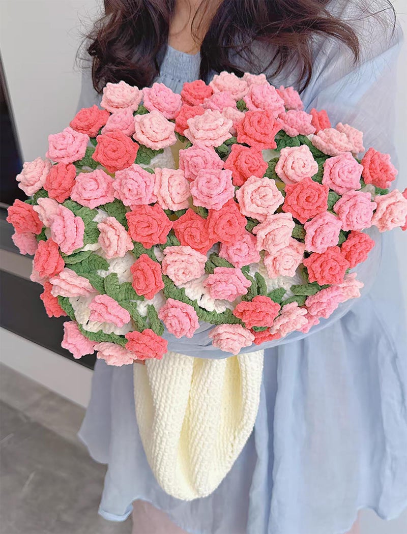 Gonoce Flower Bouquet Blanket, 43inch Crochet Blanket with Rose Flowers, Valentines Day Gifts, Birthday Gifts for Women, (Pink) - Image 2